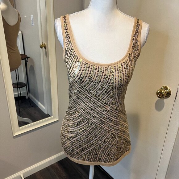 Cache Tan with Gold Sequins Tank Top, Size Small - Picture 1 of 14